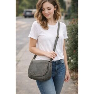 Gray Faux Leather Crossbody Purse Studded Flap‎ Bag Adjustable Strap Womens